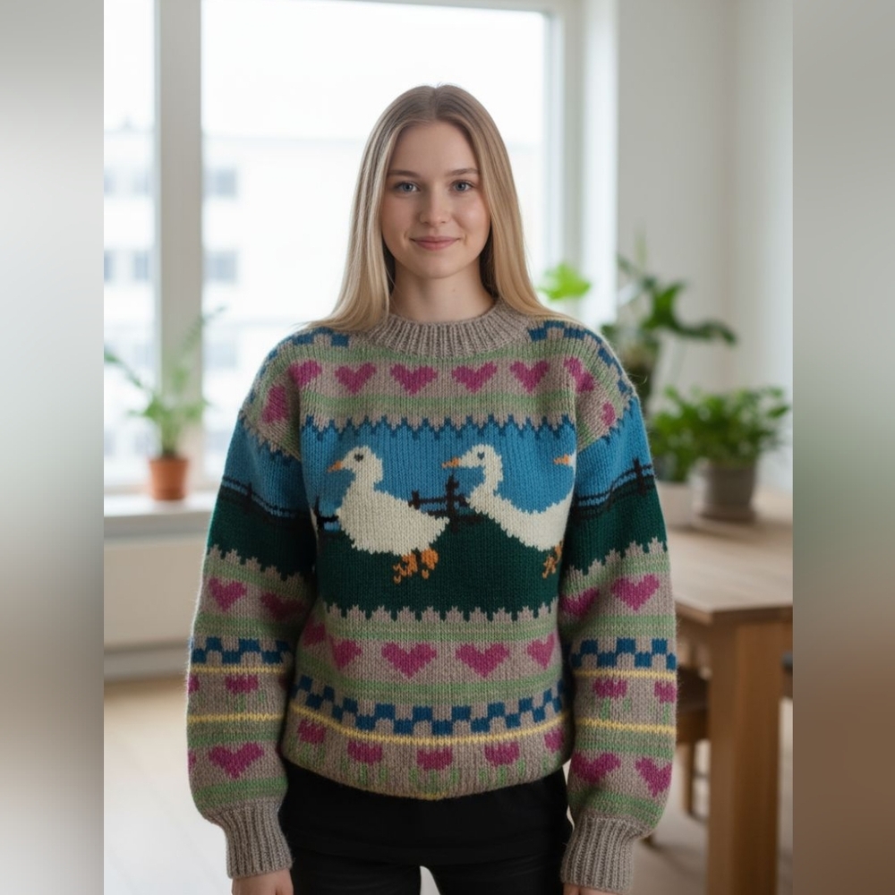The Cutest Wool Colorful Autumn Winter Sweater with Duck And Hearts Pattern XL
